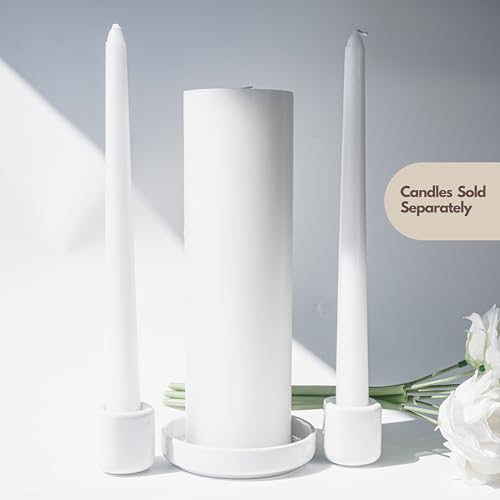 Unity Candle Holders and Vase Set, White Porcelain Candleholders for Taper Candles and Vase for Pillar Candle, Set of 3, Minimalist Round Ceramic Candle Holders, Great for Wedding Candle Set
