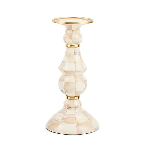 MACKENZIE-CHILDS Enamel Pillar Candlestick, Cute Pillar Candle Stand, Large, Brown-and-White Mocha Check - color: Mocha Check, size: Large