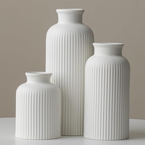 Large Modern Ceramic Vase Set, White Ribbed Matte Design, 3-Piece Decorative Vases for Home, Living Room, Office (XL White) - color: XL White