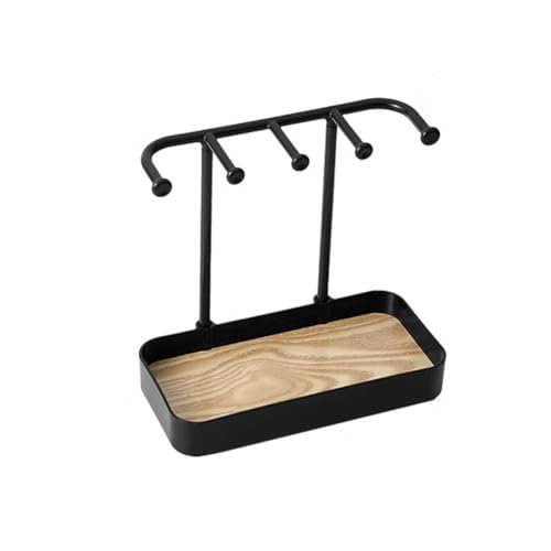 esowemsn 1PC Black Desktop Jewelry Organizer Stand Plastic Earring Holder Keychain Bracelet Holder with Wooden Tray 5 Hooks Necklaces Hanging for Necklaces,Bracelets,Chains,Rings,Earrings,Keys - color: Black