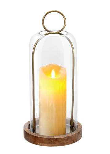16" High Versatile Vintage Brass Metal Candle Holder with Handmade Sturdy Glass Dome and Natural Wooden Base for Pillar Candle & Plants, Industrial, Farmhouse, Shabby Chic, Display Cloche Bell Jars - color: Brass, size: 7"x16"