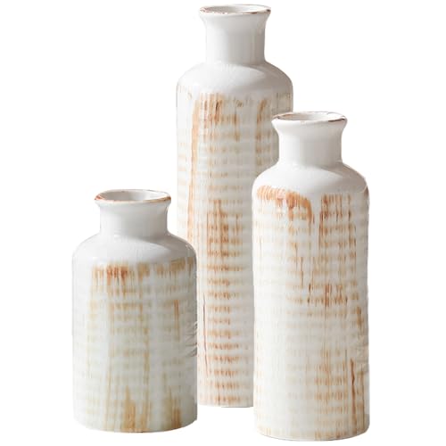 White Ceramic Vase Set of 3, Farmhouse Decor, Home Decorative Vase, Vases for Your Kitchen, Bedroom, Office, Living Room, Bathroom, & Shelf Centerpiece Table Decorations