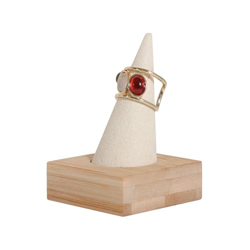 GemeShou Beige wood ring storage organizer, Velvet Jewelry ring display holder, Cute ring display stand for selling, wedding ring holder at nightstand【Beige with single cone】 - size: Small