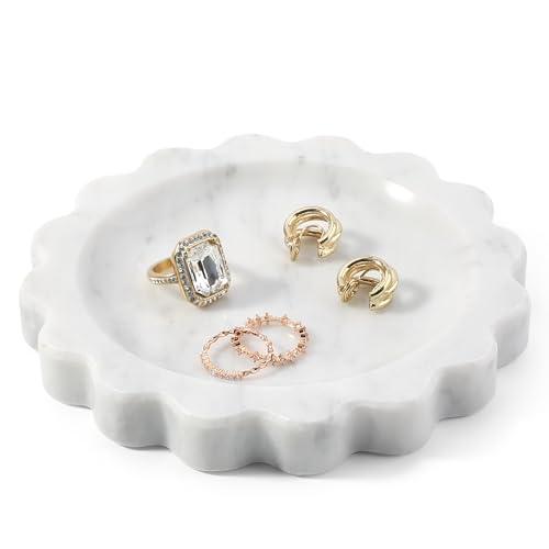 Koville 5.51" Scalloped Marble Tray, Round Stone Jewelry Trinket Dish for Ring, Natural Small Marble Tray for Bathroom Kitchen Dresser Countertop, Decorative Candle Tray(Bianco Carrara) - color: Carrara, size: D=5.51"