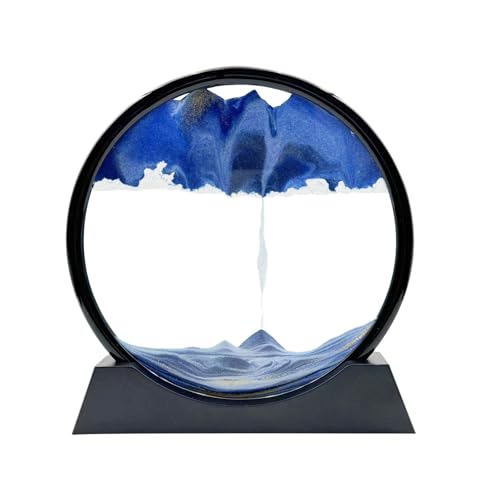 Moving Sand Art Liquid Motion, 3D Deep Sea Sandscape Color Quicksand Decor, Round Glass Moving Sand Art Picture Relaxing Desktop Home Office Work Decor (12 inch-Blue) - color: Blue, size: 12 Inch