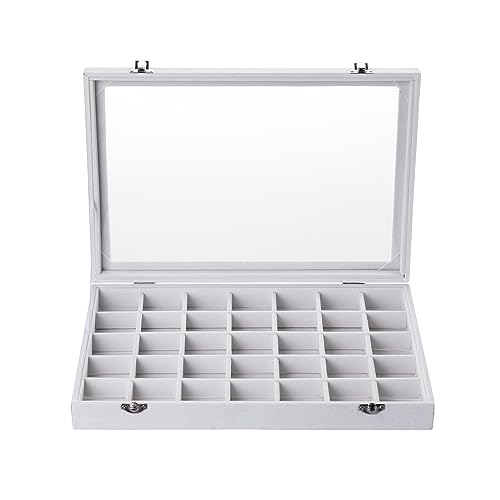 Frebeauty Velvet Jewelry Tray,35 Grid Jewelry Organizer with Clear Lid,Earring Holder Organizer Case with Clasp,Drawer Insert for Rings Studs,13.8 x 9.5 x 2 Inches,Gift for Women Girls(White) - color: White, size: 35 Grid