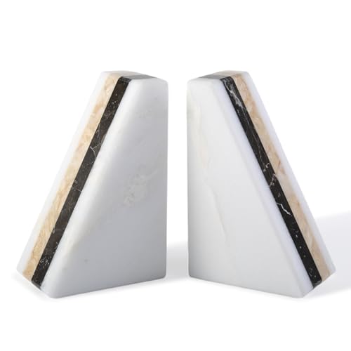 Karibiber Marble Book Ends, Non-Skid Bookends for Shelves, Composite Bookend with Natural Marble, Heavy Duty Book Stopper, Collected CDs and Oversized Books Organizer, Gold & Black Decorative Bookends - color: White&gold& Black