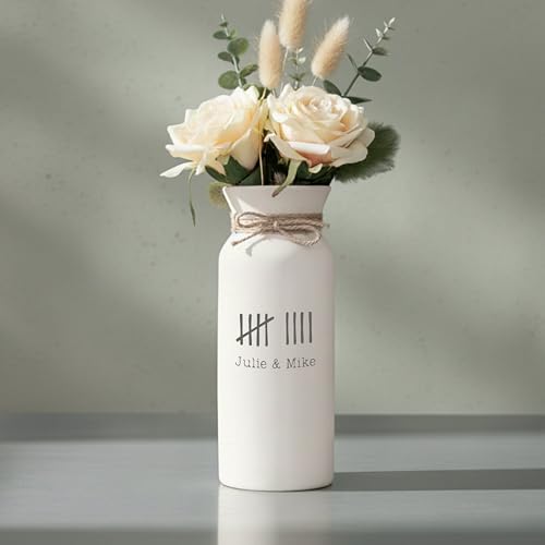 9th Anniversary Pottery Gift for Her Personalized Ceramic Vase with Tally Marks White Handcrafted Custom Couple Names Keepsake 9 Years Marriage, Engraved Handmade 3 x 8 Inches