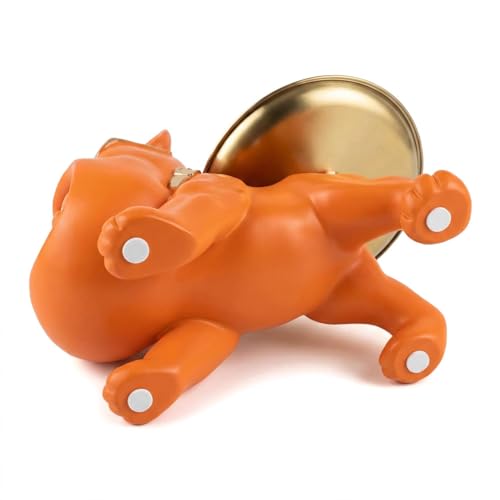 French Bulldog Tray Sculpture – Multifunctional key tray and candy bowl, resin bulldog statue, suitable for entryway tables, office desks, living room use, home decor gift. (orange)
