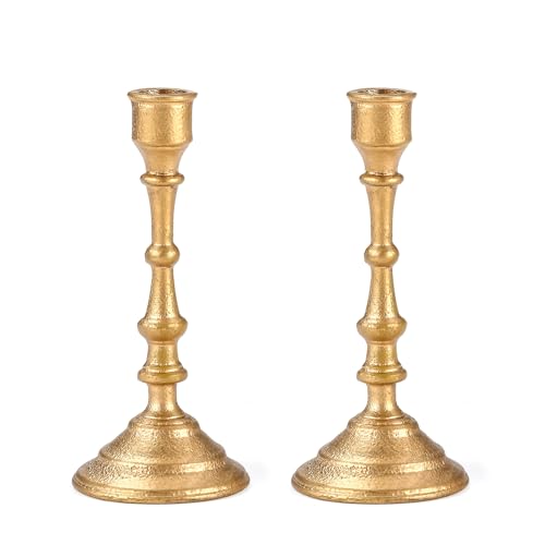 Gold Taper Candle Holders Set of 2, Heavy Candlestick Holders Decorative Candle Stand for Table Centerpiece, Cast Iron Gold Candle Sticks Decor - color: Antiqued Gold 1