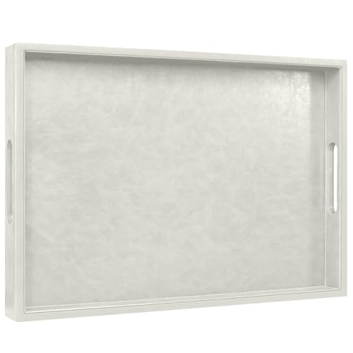 20 * 14 inches Leather Rectangle Serving Tray with Hole Handles,High-End Light Large Service Tray for Ottoman Tray, Tea, Food, Butler - Countertop, Kitchen,Family Dinner, Picnic (White) - color: White, size: 20" x 14" x 2"