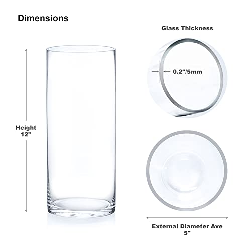 Enova Floral Cylinder Glass Vase 5 x 12 Inches Round Large Flower Vase, Pillar Candle Floating Candle Holder Vase, Tall Glass Vase for Flowers, Glass Vase for Decor, Wedding Centerpieces (1 Piece) - size: 5W X 12H