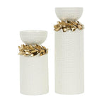 Deco 79 Ceramic Decorative Candle Holder Candle Stand with Abstract Spotted Pattern and Gold Leaf Accents, Set of 2 Candlestick Holder 12", 9" H, White
