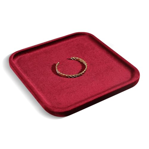 Resilient Velvet Jewelry Display Tray for Ring Earrings Bracelet Necklace, Flat Jewellery Dish for Showcase Store Retail Counter Exhibition Photography Livestream (Red, Large) - color: Red, size: Large