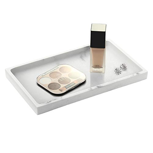 Emibele Jewelry Organizer Resin Tray, Kitchen Bathroom Dresser Vanity Tray Jewelry Dish Ring Holder Cosmetic Organizer for Candle Perfume Soap Shampoo Small Plant Home Decor, Medium - Gravel White - color: White, size: 10" x 6.1" x 0.8"