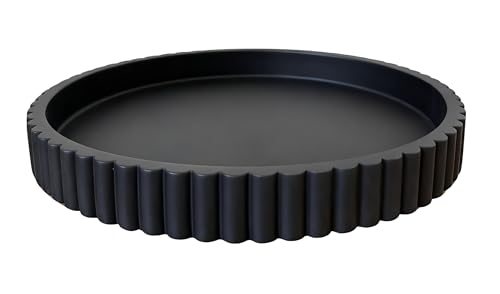 Concrete Decorative Tray for Coffee Table Tray Decor - Charcoal Black Round Decorative Tray - Circle Fluted Centerpiece Tray - Bandejas Decorativas - Water-Proof & Heavy-Duty