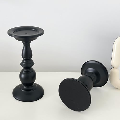 Pillar Candle Holders,Vintage Candle Holder for Table Centrepiece & Fireplace Decor,Decorative Antique Candle Stand for Dining & Living Room Decoration(Black, 8.66”×4.13”×4.13”)