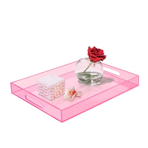SetGame Acrylic Serving Tray with Handles, Bathroom Desktop Decorative Storage Arylic Trays, Simple Vanity Tray Food Tea Fruit Dinner Snack Tray for Bar Kitchen Party - color: Pink