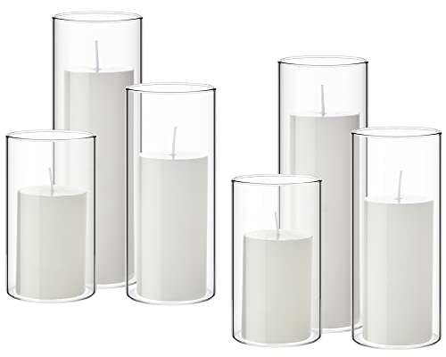 Shihanee Set of 6 Pillar Candles with Glass Cylinder Vases Clear Cylinder Hurricane Candleholders for Slim Tall Pillar Candles Wedding Table Centerpieces(2.6'' X 4.7'', 5.9'', 7.9'',White) - color: White, size: 2.6'' X 4.7'', 5.9'', 7.9''