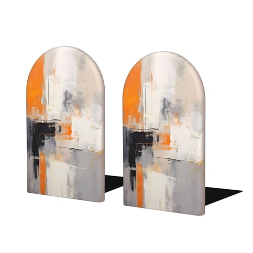 Decorative Bookends 2 Pcs Orange Gray Art Painting Wood Bookends for Shelves Heavy Books Kids Non-Skid Book Ends Stoppers for Office Desk Kitchen School - color: Orange Gray Art Painting