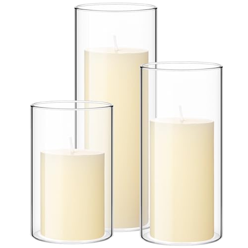 Shihanee Set of 3 Pillar Candles and 3 Glass Cylinder Candle Vases Holders Clear Pillar Jars for Wedding Centerpieces(3'' x 5.9'', 7.9'', 9.8'',Ivory White) - color: Ivory White, size: 3'' x 5.9'', 7.9'', 9.8''
