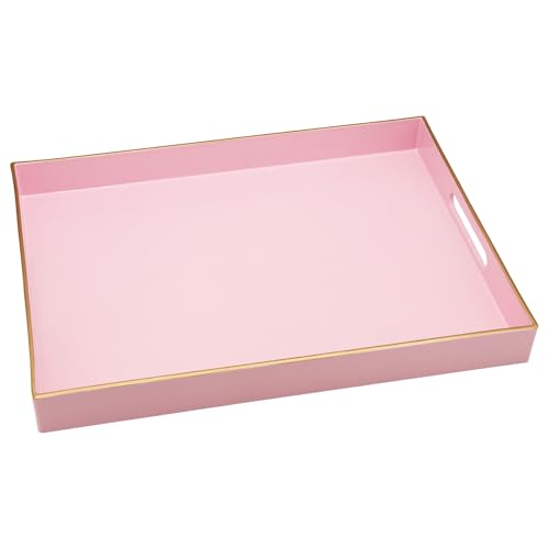 15.8" x 11.8" Pink Decorative Serving Tray with Gold Trim and Handles, Sturdy Rectangular Ottoman Tray for Living Room, Coffee Table, Kitchen Counter, Bathroom Vanity, Easy to Clean - color: Pink Gold Trim