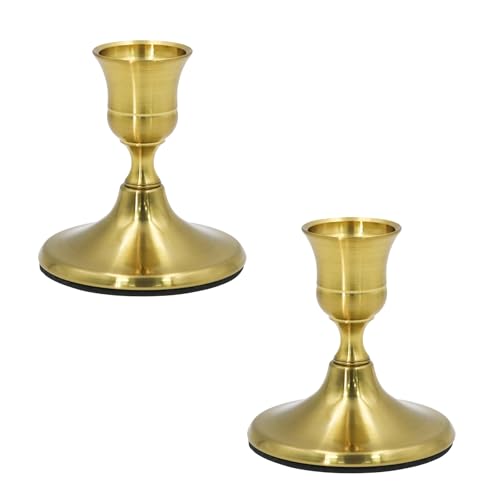 2 Pcs Gold Taper Candle Holders 2.8 Inch Vintage Short Skinny Metal Candlestick Holders for Table Centerpieces - color: Gold