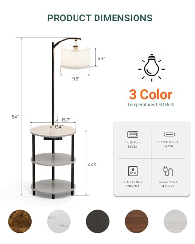 Round Side Table with Lamp and USB Ports, 3-Tier Small End Table for Living Room & Bedroom, Rustic Wood Metal Nightstand for Small Spaces, Easy to Assemble, Greige - color: Greige, size: 1-Pack, style: Built-in Charging + Lighting