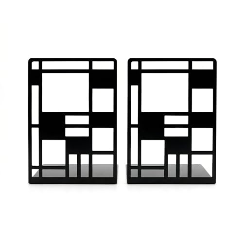 Metal Bookends for Shelves, Black Abstract Art Design Book Ends for Heavy Books, 1 Pair, 6.42x4.72x3.94 Inch, Anti-Slip Heavy Duty Book Dividers