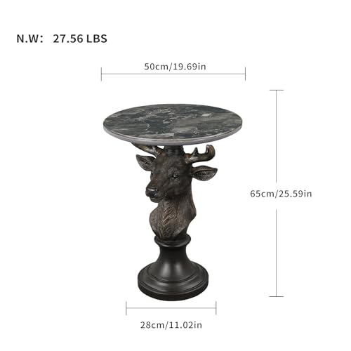 Modern Accent Table with Vintage-Style Deer Ornament Base, Minimalist Faux Marble End Table for Living Room Reception Area & Bedroom, 19.69 Inches Wide × 25.59 Inches High - color: Vintage Color Deer Head Statue Table