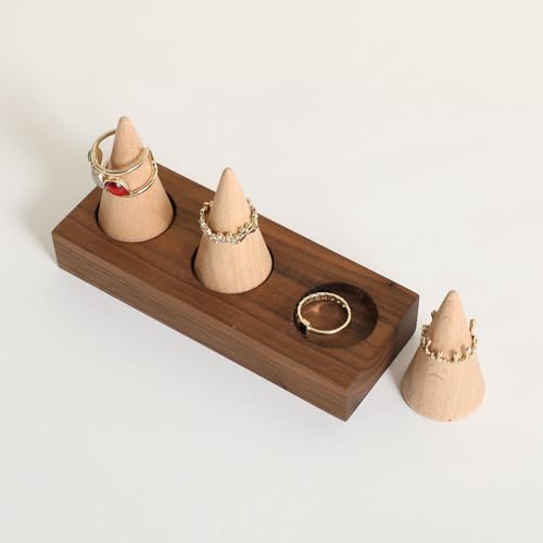 GemeShou Wooden ring organizer holder for jewelry, Stable ring display stand for boutique store, walnut base with white ring cones for jewelry selling【Ring holder-Cone 3】 - style: Three Cone