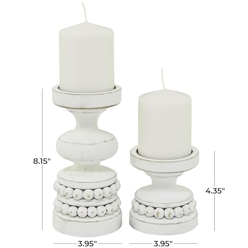 Deco 79 Wood Decorative Candle Holder Beaded Pillar Candle Stand, Set of 2 Candlestick Holder 8", 4"H, White - color: White, size: 8", 4"H