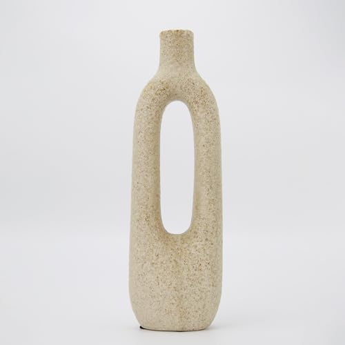 12 inch Tall Ceramic Flower Vase for Dried Flowers, Modern Sculptural Farmhouse Vase with Oval Cutout, Skinny Beige Centerpiece for Home Office and Wedding Decor - color: Beige a