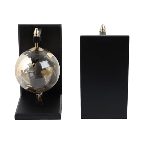 Modern Glass Globe Bookends with Wood Base - Decorative Book Accessories and Home Library Shelf Decor - Sculptural Book Ends for Stylish Bookshelf, Office Accent, or Desk Decor - Set of 2, 9", Black