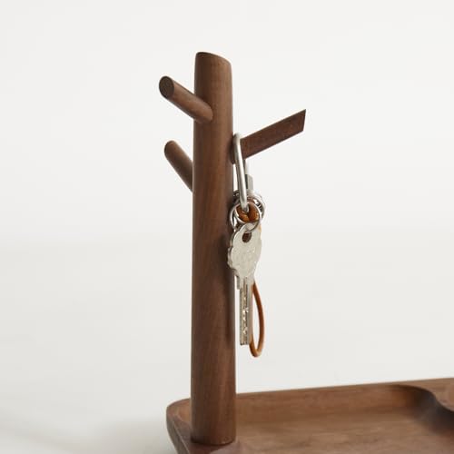 Black Walnut Solid Wood Key Dish Bowl for Entryway Table Square Tray With 3 Hooks, Open Storage for Keys, Wallet, Jewelry (Walnut, Rectangle) - color: Walnut, size: Rectangle