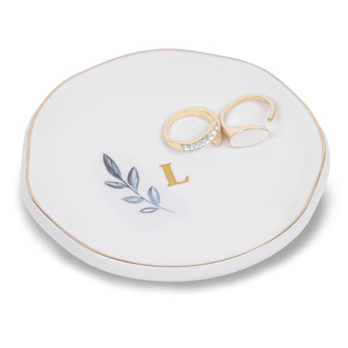 Personalized Ceramic Ring Dish, Initial Jewelry Tray for Rings, Earrings, Necklaces & Bracelets, Gift for Engagements, Birthdays, Holidays, Mom, Sister, Bridesmaid, Bride-to-Be, 4" Ring Plate - color: L