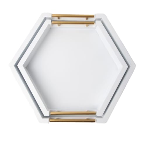 Comfify Honeycomb Wooden Serving Trays with Golden Handles – Set of 2 Hexagon Nesting Trays – Large and Small Wood for Food, Ottoman Decor, Coffee Table, Kitchen, Breakfast - White