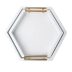 Comfify Honeycomb Wooden Serving Trays with Golden Handles – Set of 2 Hexagon Nesting Trays – Large and Small Wood for Food, Ottoman Decor, Coffee Table, Kitchen, Breakfast - White