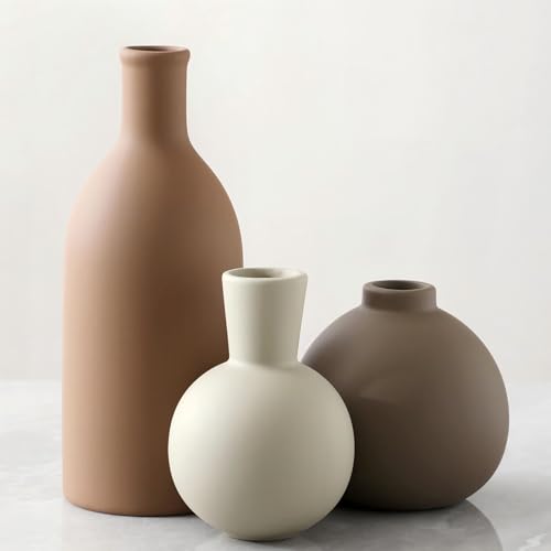 Vase Set of 3 | Ceramic Neutral Vases Home Decor | Rustic Flower Pottery Vases Modern Farmhouse Vase for Table Entryway Mantel Centerpiece Bookshelf Living Room Bathroom Bedroom -Brown Large - color: Brown - Larger