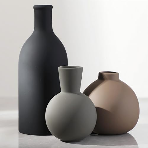 Ceramic Vase Set of 3 | Neutral Vases Home Decor | Modern Flower Pottery Vases Rustic Farmhouse Vase for Table Entryway Mantel Centerpiece Bookshelf Living Room Bathroom Bedroom -Multicolor Large - color: Multicolor - Larger