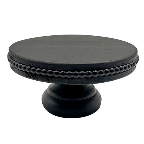 dwellington White Wash Display Wood Riser, 8.25inch Shabby Chic Pedestal Tray Decor with Beads, Farmhouse Display Stands for Coffee Bar, Bathroom, Kitchen Island (Black)