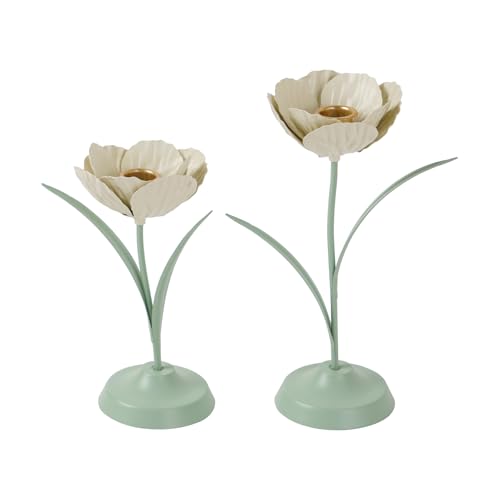NIKKY HOME Tulip Taper Candle Holders Set of 2, Vintage Elegant Flower Shaped Metal Candlestick for Table Centerpieces, Spring Wedding Decor and Dinner Party, White & Green - color: White Green