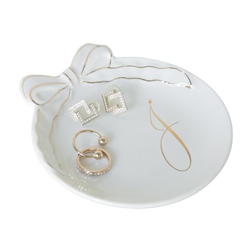 COLLECTIVE HOME - Personalized Initial Ceramic Jewelry Tray with Bow, Christmas Gift Ideas for Women, Small Gift for Girlfriend Wife, Ring Holder, Earrings Dish, Birthday Gift for Her (J) - color: J