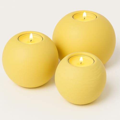 Concrete Sphere Tea Light Holder - Minimalist Centerpiece - Candle Holder - Modern Interior Design (Canary Yellow, Set of 3 Sizes) - color: Canary Yellow, size: Set of 3 Sizes