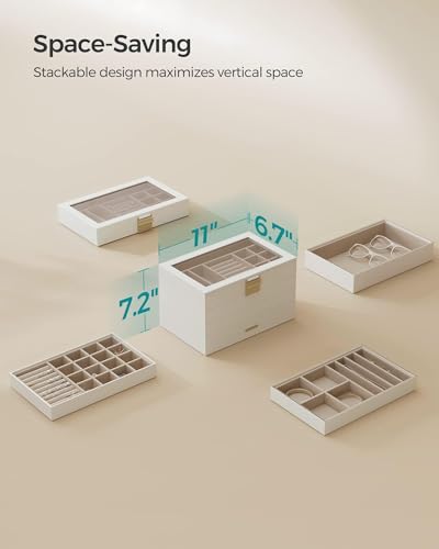 SONGMICS Stackable Jewelry Trays, 4-Tier Jewelry Box, Drawer Jewelry Organizer, with Glass Lid, Removable Dividers, for Vanity Table, 6.7 x 11 x 7.2 Inches, Gift Idea, Cloud White UJBC164W01 - color: Cloud White