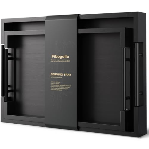 Fibogollo Bamboo Set of 2 Serving Tray with Metal Handles,Ottoman Decorative Trays Platter for Coffee Table,Living Room,Bar,Party(Black) - style: Black-Medium and Large Set