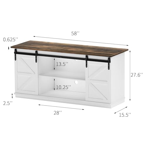 YESHOMY Farmhouse TV Stand for Televisions up to 65 Inches, Sliding Barn Doors and Storage Cabinets, Console Table and Media Furniture for Living Room, 58 Inch, White - color: White, style: Sliding Barn Doors TV Stand