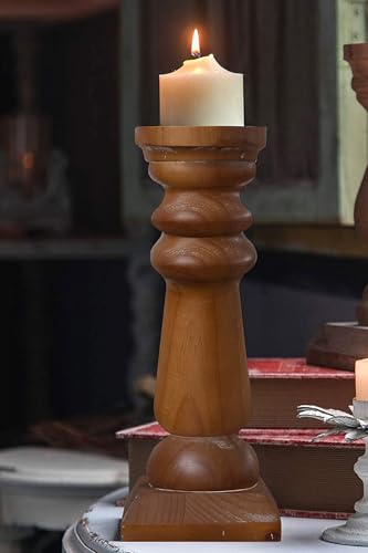 Wood Pillar Candle Holders 14 Inch Tall, Handmade Antique Brown Farmhouse Candle Holders for Pillar Candles, Natural Decorative Candlestick Holders, Rustic Candle Holder for Table Centerpiece