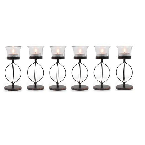 Hosley Bulk Buy Set of 6 Metal & Glass Tea Light Candle Holders for Home Decor, Lighting, Wedding, Parties, Gifting, LED Tea Light Gardens - color: Bronze1