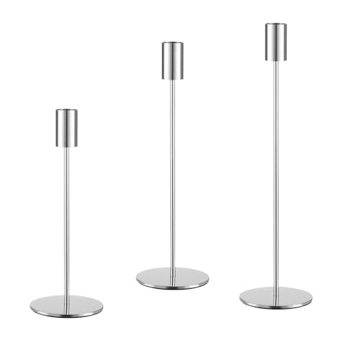 Set of 3 Silver Taper Candle Holders, Metal Gold Candlestick Holders, Tall Candle Holder, Fits 3/4 inch Thick Candle&Led Candles, for Table Centerpiece, Wedding, Dinning, Party Home Decor - color: Silver, size: 3PC